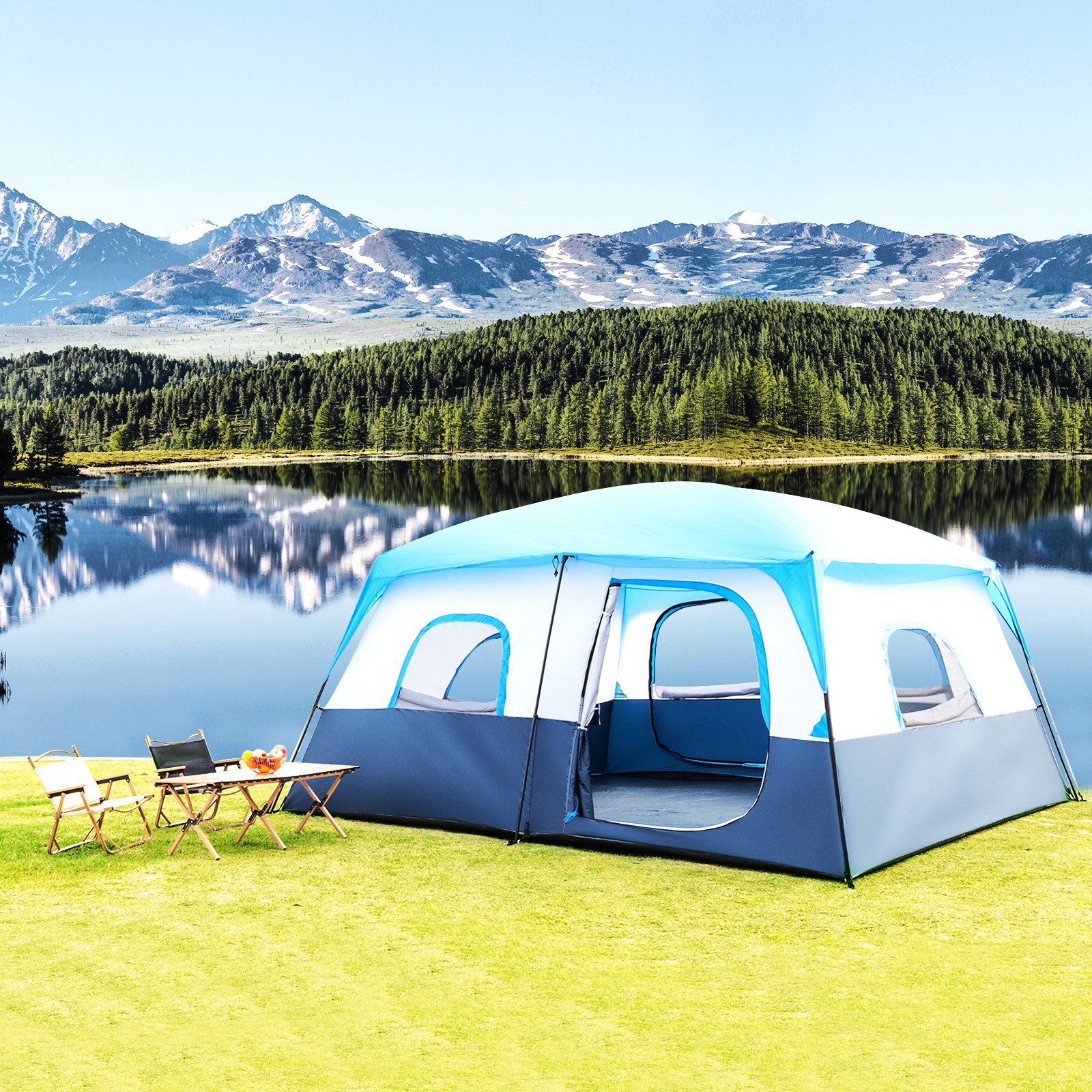 430*430*210cm Polyester Cloth Fiberglass Poles Can Accommodate 14 People Camping Tent Dark Blue And White
