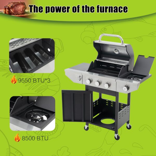 Propane Grill 3 Burner Barbecue Grill Stainless Steel Gas Grill with Side Burner and Thermometer for Outdoor BBQ, Camping - Image 2