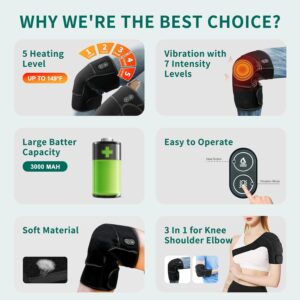 Heated Knee Massager with Vibration, Cordless Heating Pad for Knee Shoulder Elbow Stress Relief Deep Tissue, Knee Warmers Wrap, Heated Knee Pad for Men Women Elders