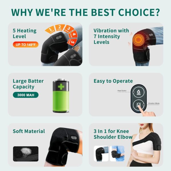 Heated Knee Massager with Vibration, Cordless Heating Pad for Knee Shoulder Elbow Stress Relief Deep Tissue, Knee Warmers Wrap, Heated Knee Pad for Men Women Elders