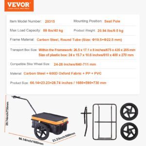 VEVOR Bike Cargo Trailer, 88 lbs Load Capacity, Heavy-Duty Bicycle Wagon Cart, Foldable Compact Storage with Universal Hitch, Waterproof Cover, 16" Wheels, Safe Reflectors, Fits 24"-28" Bike Wheels - Image 7