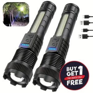 2 pcs rechargeable LED flashlight, 3000 lumens high power USB handheld light with telescopic zoom, 6 modes, 7874.02 inch beam, 1200mAh battery, non-waterproof, ABS material, suitable for camping - Image 6