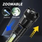 2 pcs rechargeable LED flashlight, 3000 lumens high power USB handheld light with telescopic zoom, 6 modes, 7874.02 inch beam, 1200mAh battery, non-waterproof, ABS material, suitable for camping