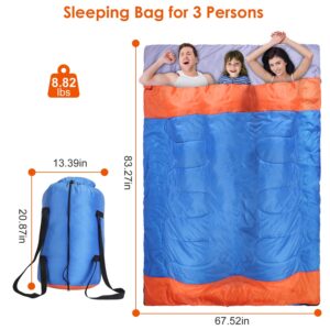 3 People Sleeping Bag for Adult Kids Lightweight Water Resistant Camping Cotton Liner Cold Warm Weather Indoor Outdoor Use 3 Season with Sack for Spring Summer Autumn - Image 2